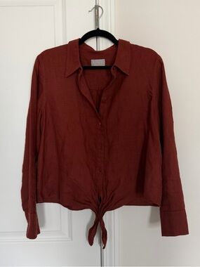 Pure Collection 100% Linen Tie Front Button Down Shirt